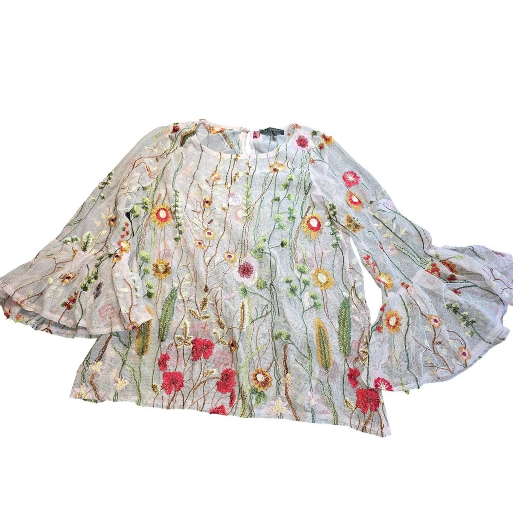 For Cynthia Mesh Blouse Women S White Floral Embroidered Bell Sleeve #Coquette